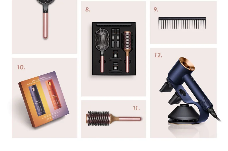A selection of Dyson Beauty devices and accessories numbered from 8 to 12