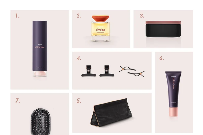 A selection of Dyson Beauty devices and accessories numbered from 1 to 7