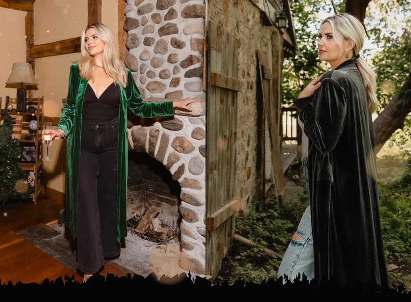 collage of Sarah Landry wearing green and black velvet duster