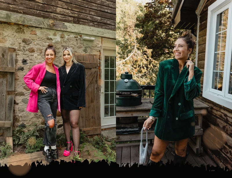 collage of the Ashley Freeborn and Sarah Landry wearing velvet blazers stood next to brick wall