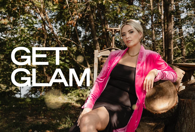 sarah landry wearing pink velvet duster with text 'get glam'