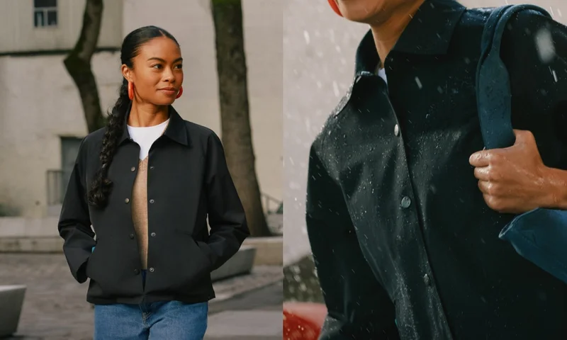 Split graphic of a women wearing the brand new Westerly Coach Jacket and a close up shot of the jacket.