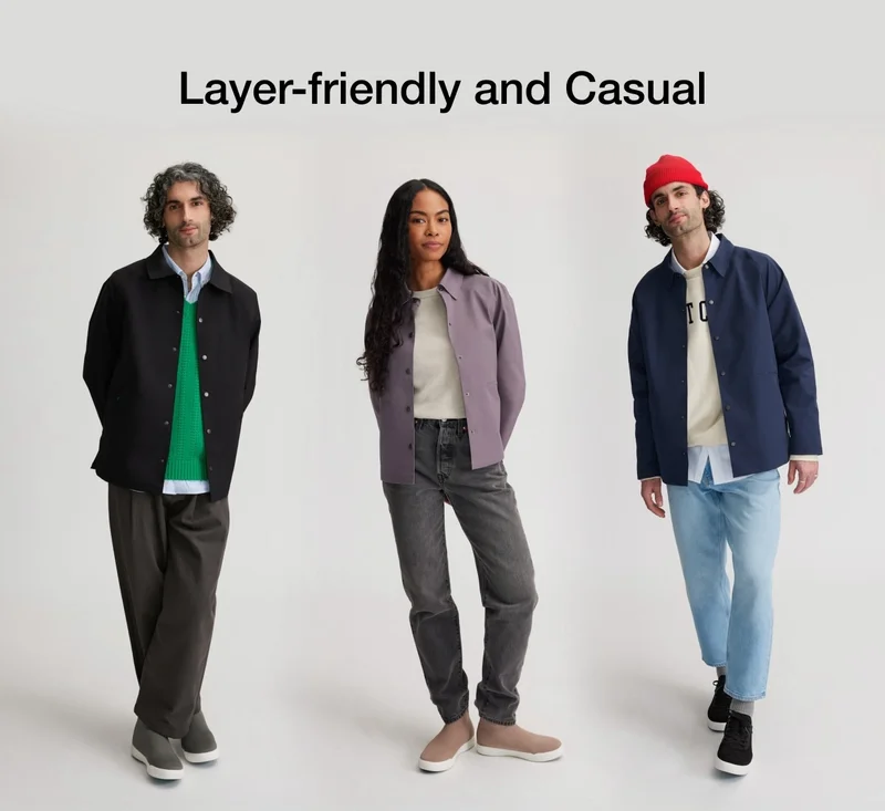 Layer-friendly and Casual. Graphic of some people wearing the Westerly Coach Jacket in different outfits.