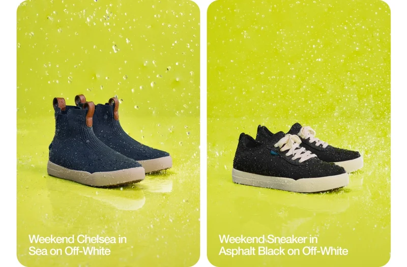 Weekend Chelsea in Sea on Off-White. Weekend Sneaker in Asphalt Black on Off-White.