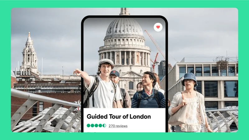 Image Description: Five people walking through London behind a phone screen with the title “Guided Tour of London.”