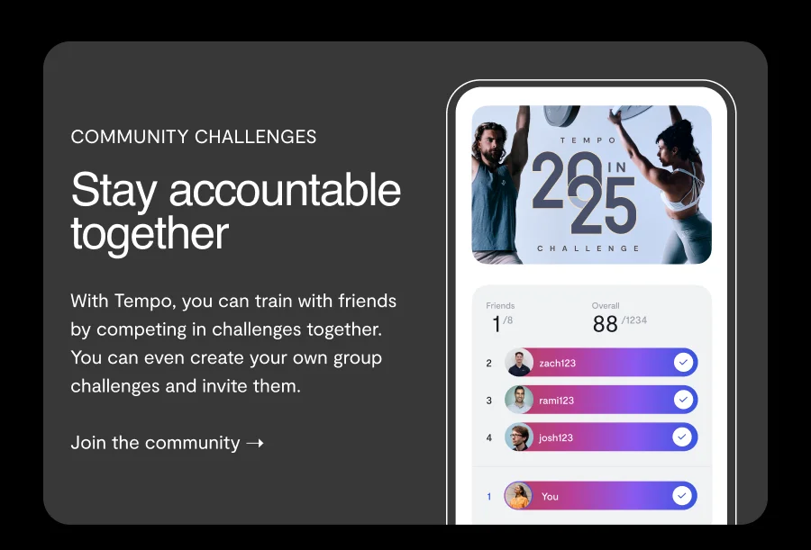 COMMUNITY CHALLENGES, Stay accountable together. With Tempo, you can train with friends by competing in challenges together. You can even create your own group challenges and invite them. join the community!