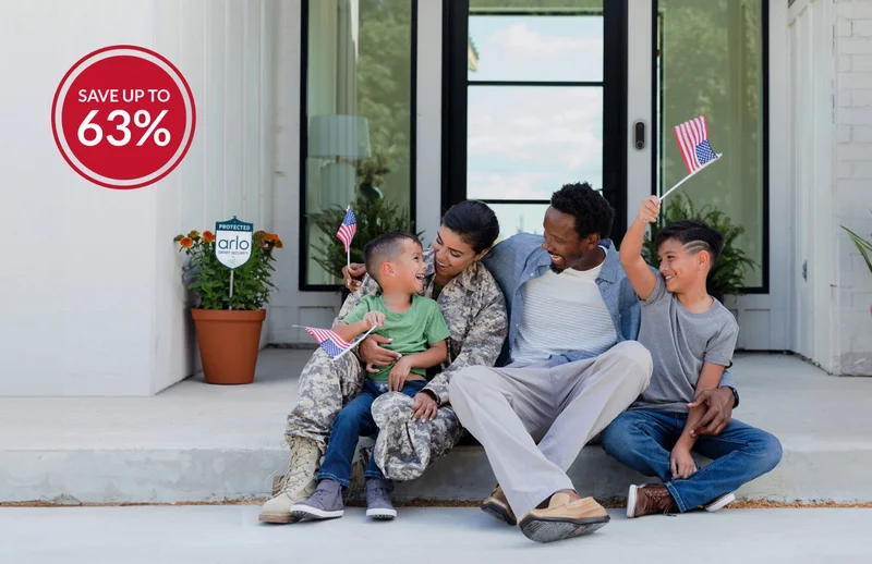 Save up to 63%. Family outside their front door holding American flags. Various Arlo security products are in view.