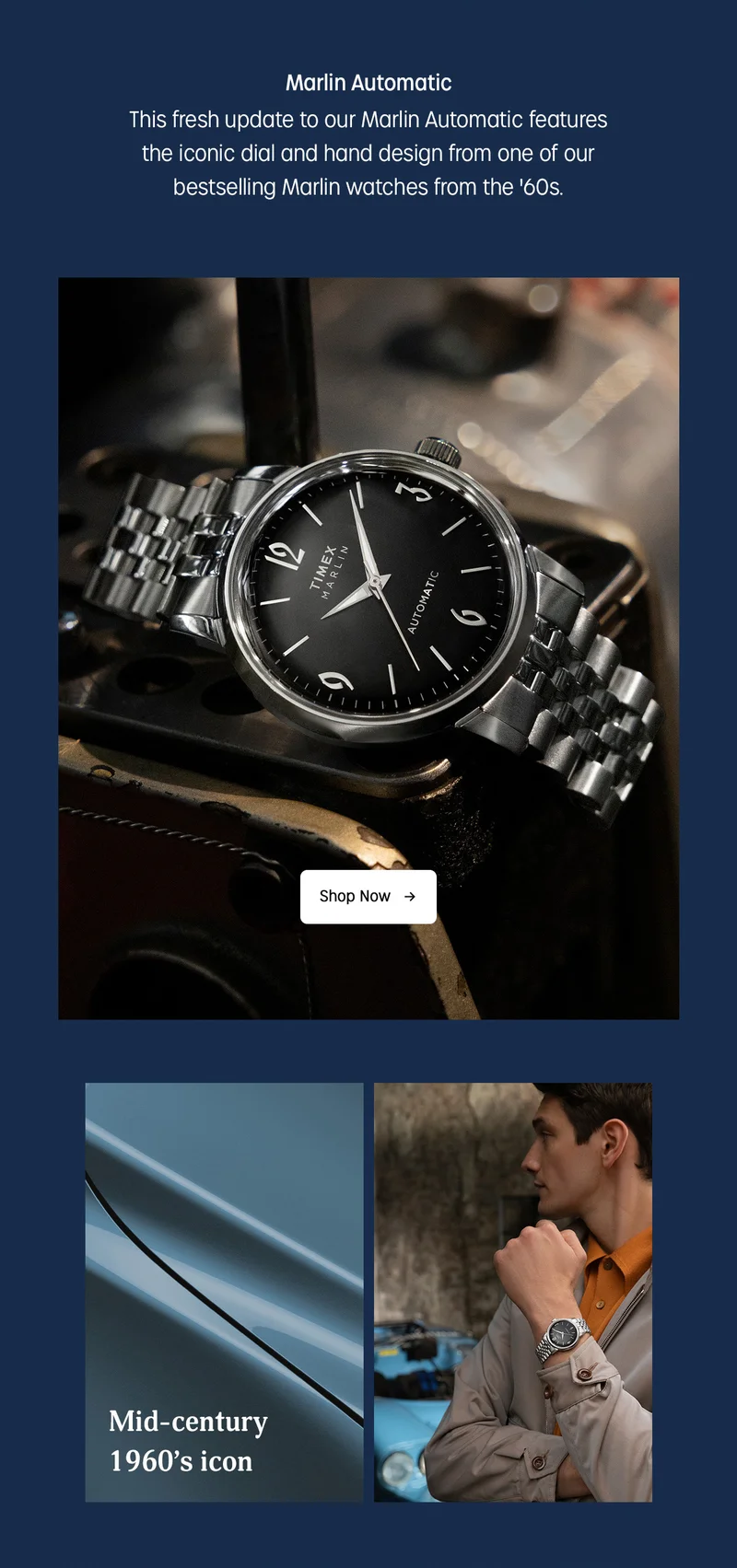 Marlin Automatic | This fresh update to our Marlin Automatic features the iconic dial and hand design from one of our bestselling Marlin watches from the '60s. | Mid-century 1960's icon | Shop Now