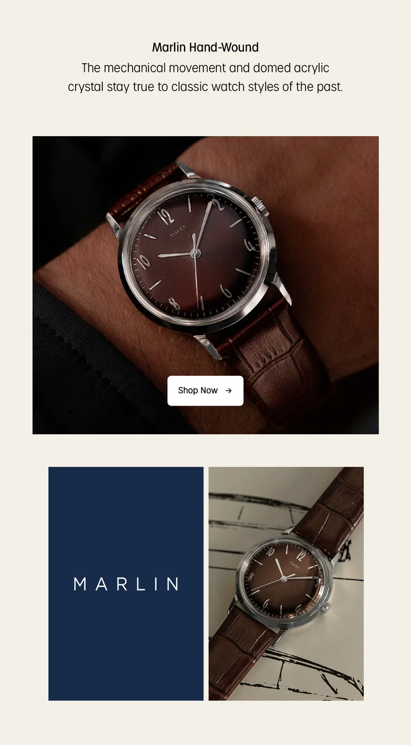 Marlin Hand-Wound | The mechanical movement and domed acrylic crystal stay true to classic watch styles of the past. | MARLIN | Shop Now