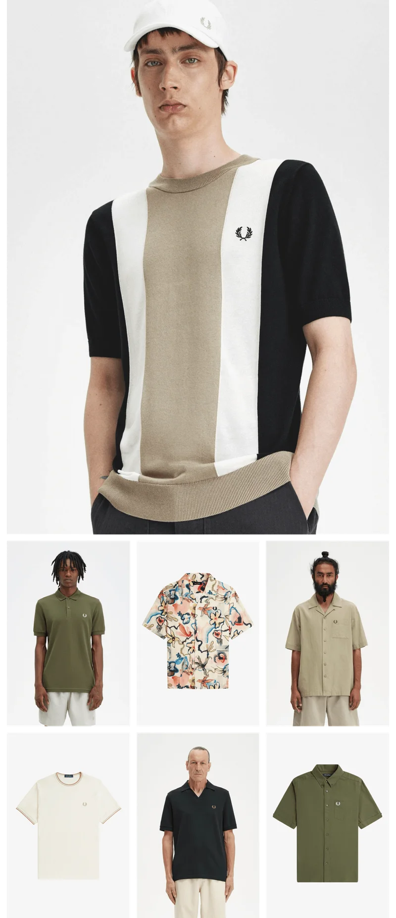 Collage of different male models wearing varied products from the fred perry sharp collection