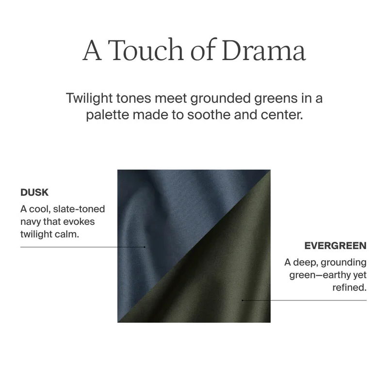 A touch of drama. Twilight tones meet grounded greens.