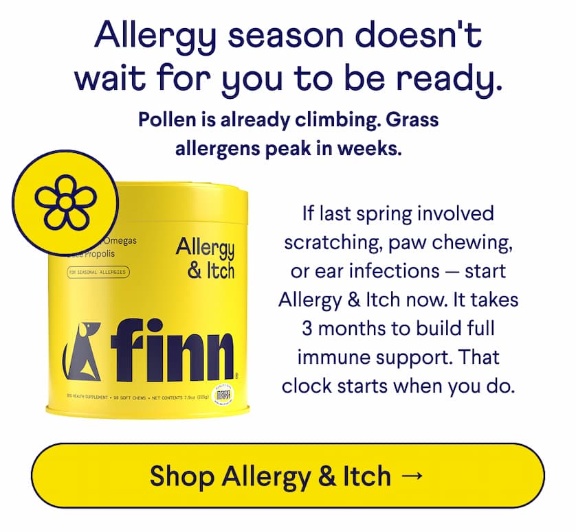 Text: Allergy season doesn't wait for you to be ready. Pollen is already climbing. Grass allergens peak in weeks. If last spring involved scratching, paw chewing, or ear infections — start Allergy & Itch now. It takes 3 months to build full immune support. That clock starts when you do. CTA: Shop Allergy & Itch →