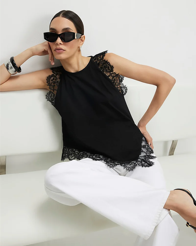 Womens Black Cotton Asymmetric Lace Trim Top