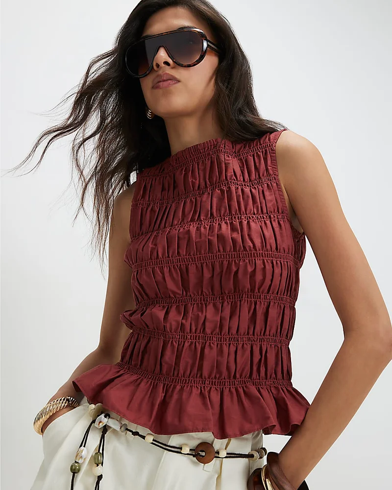 Womens Red Cotton Sleeveless Shirred Tank Top