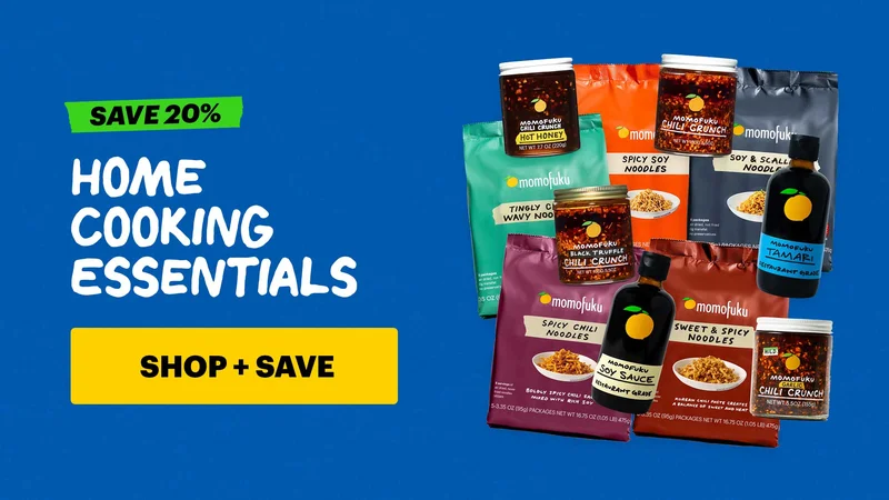 Sub-text: Home Cooking Essentials  CTA: SHOP + SAVE  Tag: save 20%