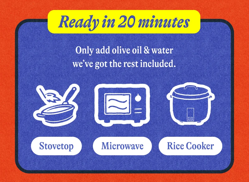 Ready in just 20 minutes ✅ Only add olive oil & water—we’ve got the rest included ✅ Cook on the stovetop, in a rice cooker, or microwave