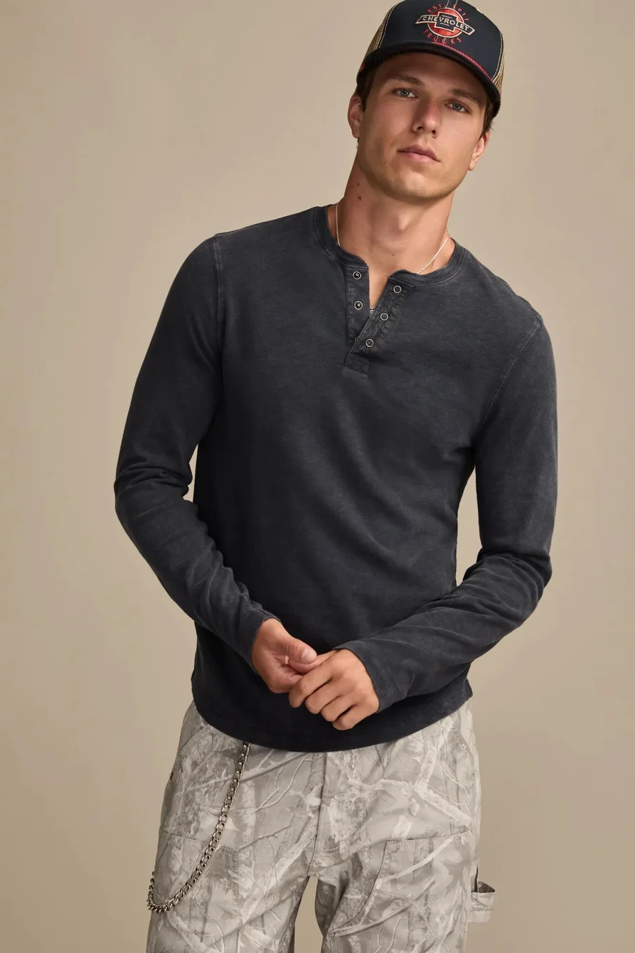 Image of Lucky Brand Long Sleeve Weekend Slub Henley - Men's Clothing Tops Tees Henley Shirt in Odyssey Gray