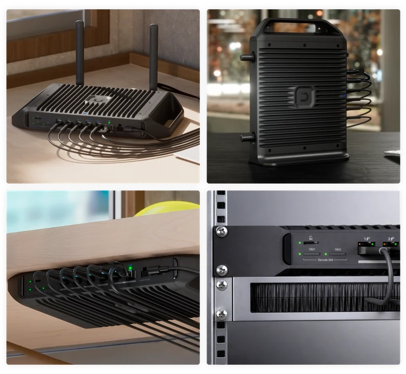 The modular enclosure enables highly versatile deployments, including flat or vertical desktop use, under-desk, wall, and even rack mounting.