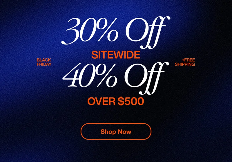 IKONICK® Black Friday Sale graphic with bold white and orange text on a deep blue gradient background. Text reads: 30% Off Sitewide, 40% Off Over $500, plus Free Shipping. ‘Shop Now’ button at the bottom.