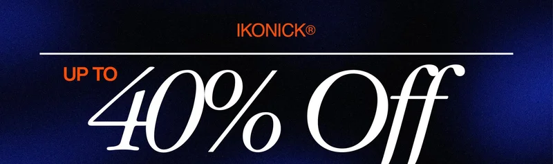 A dark blue textured banner with the IKONICK® logo in orange at the top. Large white serif text reads “UP TO 40% Off” with a thin white horizontal line separating the header and main text.