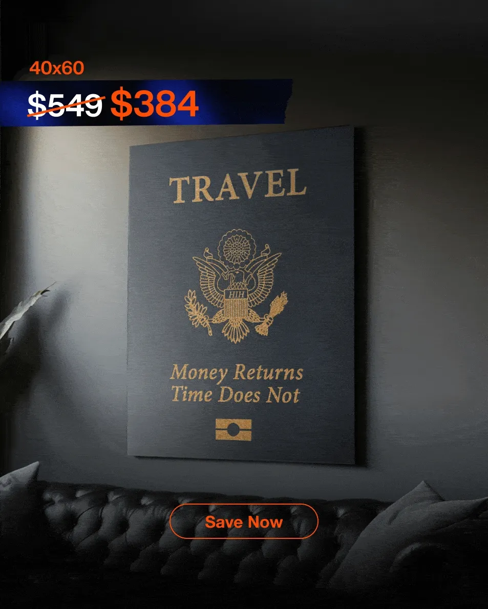A rotating series of interior lifestyle images showcasing different IKONICK canvas art pieces on sale. Each frame shows a unique canvas displayed in a stylish room setting—ranging from modern living rooms and home offices to gym-inspired spaces—with bold sale pricing overlaid at the top in blue-orange graphics and a “Save Now” button at the bottom. Featured canvases include: the navy “TRAVEL – Money Returns, Time Does Not” design, the “Man in the Arena” Colosseum piece, a Michael Jordan underwater-style artwork, the Monopoly-inspired “Rent Due” piece, a Tiger Woods “Mindset Is Everything” canvas, and a Snoopy motivational artwork. The environments are warm, cinematic, and upscale, highlighting each canvas as a premium décor item.