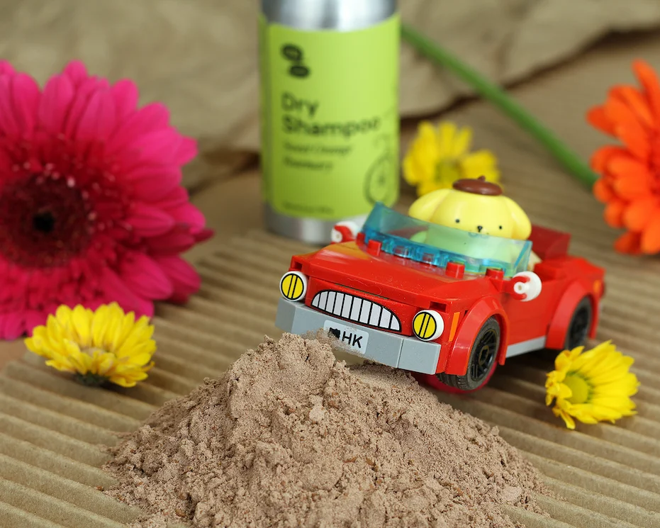 A little dog drives a car into a pile of brown powder