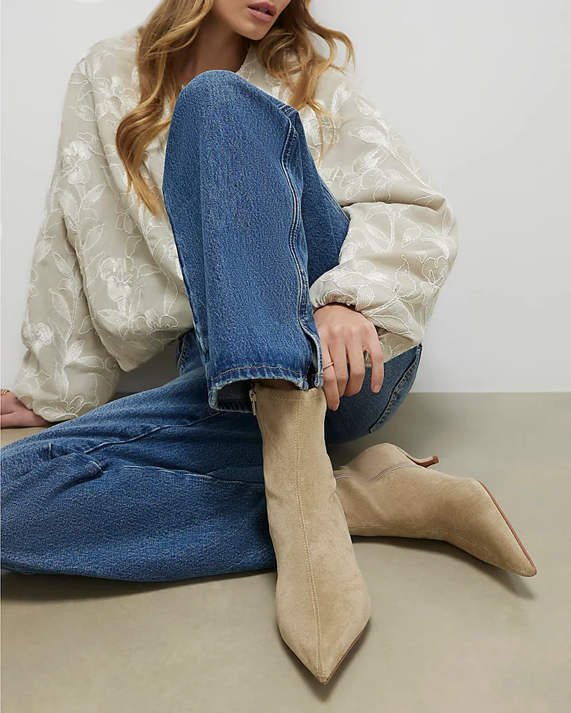 Beige Faux Suede Pointed Toe Sock Boots