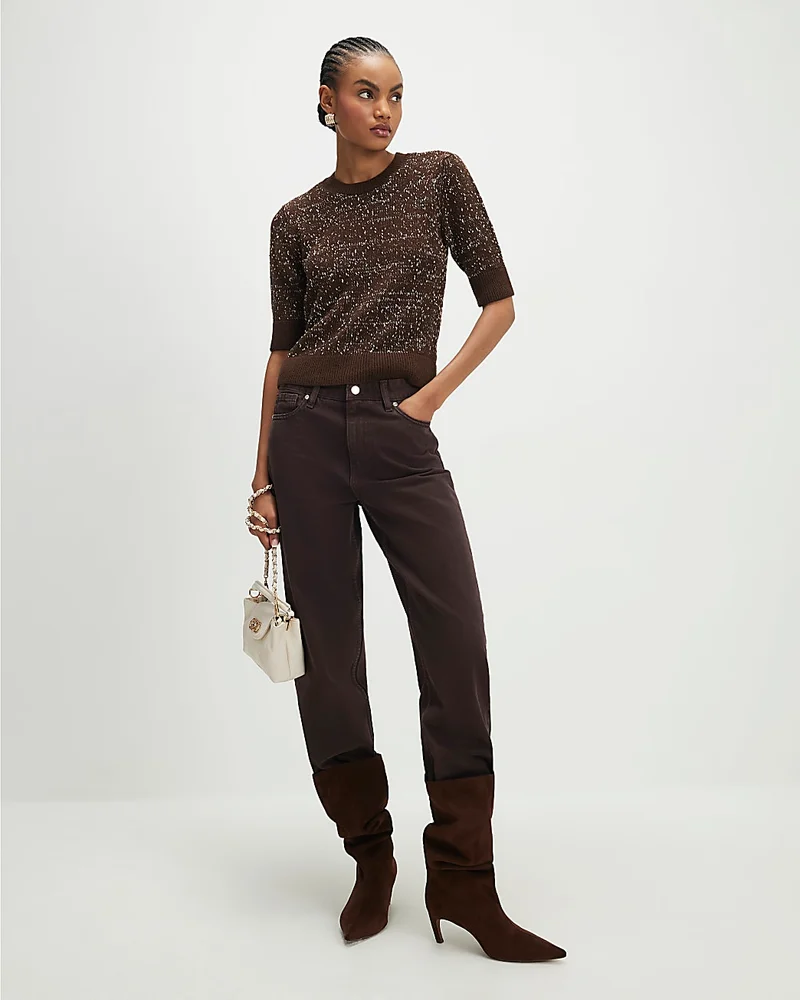 Brown Textured Knit Short Sleeve Top