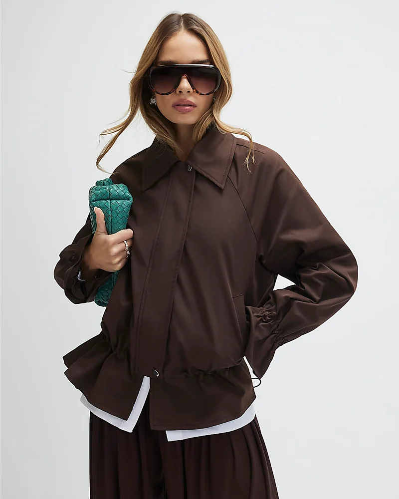Brown Drop Hem Drawstring Jacket