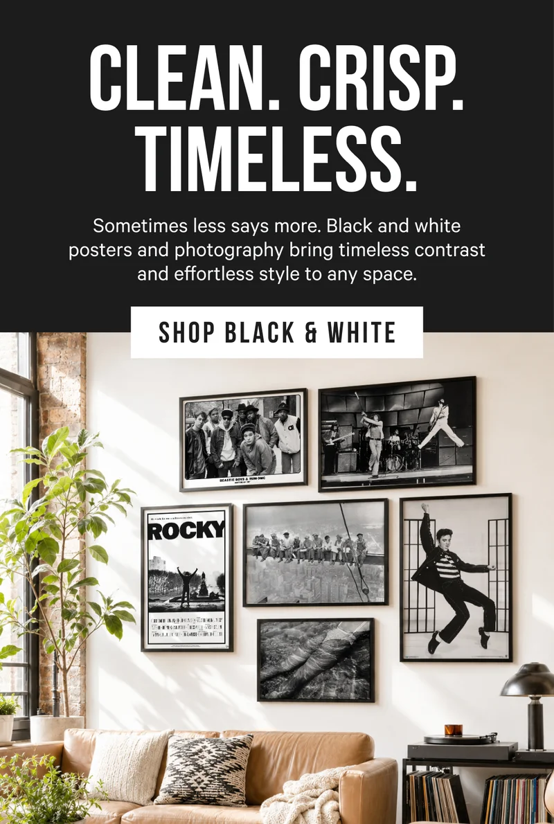 Clean. Crisp. Timeless. Sometimes less says more. Black and white posters and photography bring timeless contrast and effortless style to any space.