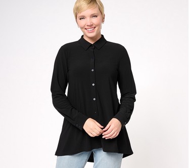 Dennis Basso Caviar Crepe Knit Button Front Big Shirt w/ Hi-Low Hem