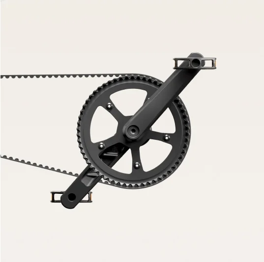 A render of a Cowboy e-bike drivetrain, featuring a black belt drive system with a sleek chainring and pedal arm design.