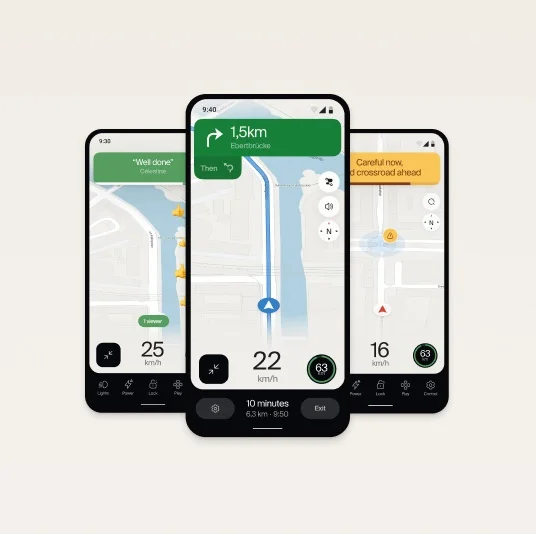 A render. Cowboy e-bike companion app interface showing navigation functionality on multiple screens.