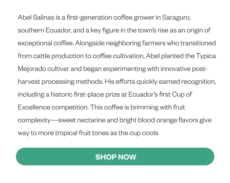 Abel Salinas is a first-generation coffee grower in Saraguro, southern Ecuador, and a key figure in the town’s rise as an origin of exceptional coffee. Alongside neighboring farmers who transitioned from cattle production to coffee cultivation, Abel planted the Typica Mejorado cultivar and began experimenting with innovative post-harvest processing methods. His efforts quickly earned recognition, including a historic first-place prize at Ecuador’s first Cup of Excellence competition. This coffee is brimming with fruit complexity—sweet nectarine and bright blood orange flavors give way to more tropical fruit tones as the cup cools.  SHOP NOW