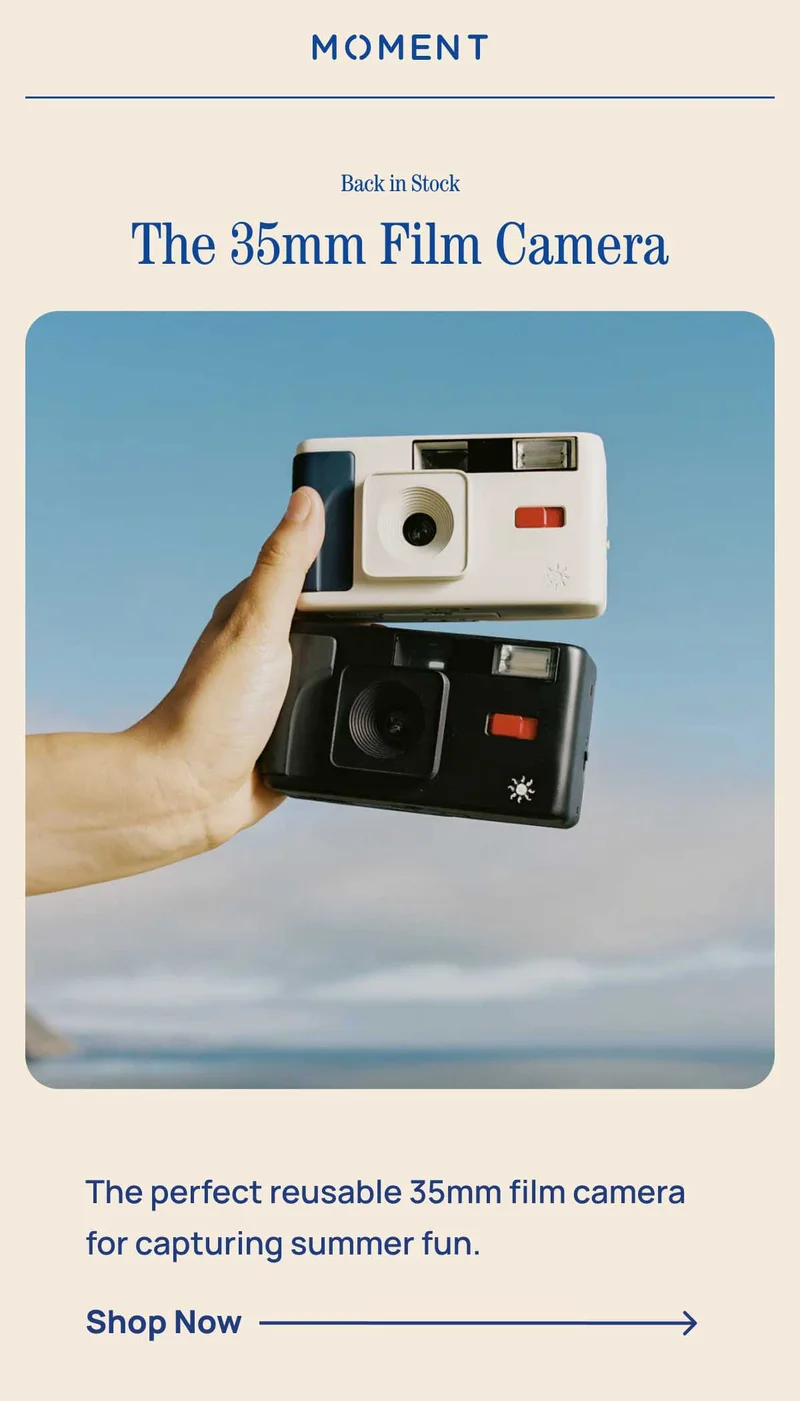 Back in stock The 35mm Film Camera - The perfect reusable 35mm film camera for capturing summer fun. Shop Now. Image of two long weekend cameras held against a blue sky.