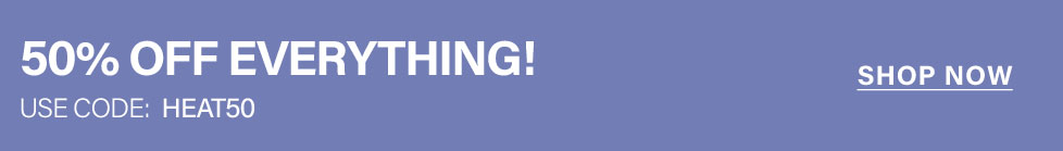 Purple banner with "50% OFF EVERYTHING!" and "USE CODE: discount code" in white. A "SHOP NOW" link promotes the site-wide discount.