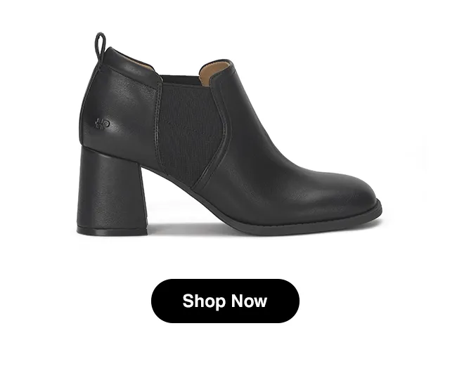 A GIF showing the different angles of the Tayta Bootie in Black leather. Shop Now.