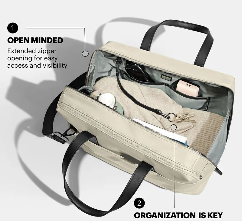 OPEN MINDED | Extended zipper opening for easy access and visibility. ORGANIZATION IS KEY | Interior zipper and slip pockets + detachable key clip keep your travel essentials organized.