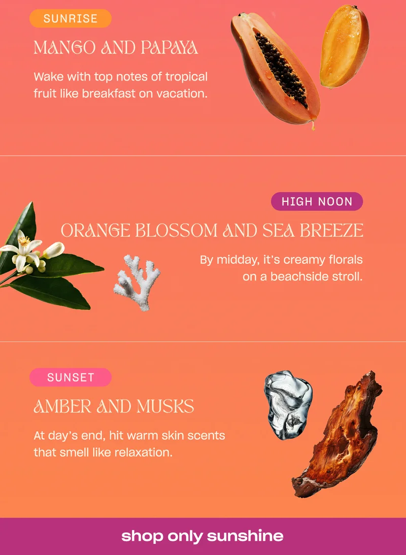 [sunrise] mango and papaya Wake with top notes of tropical fruit like breakfast on vacation.  [high noon] orange blossom and sea breeze accord. By midday, it’s creamy florals on a beachside stroll. [sunset] amber and musks At day’s end, hit warm skin scents that smell like relaxation.