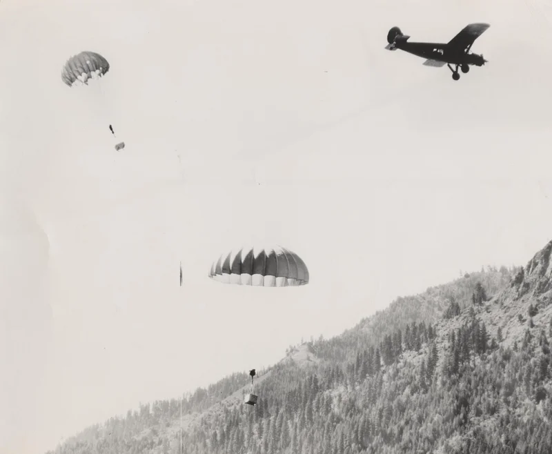 Beavers in wooden boxes parachute from a plane in 1948.