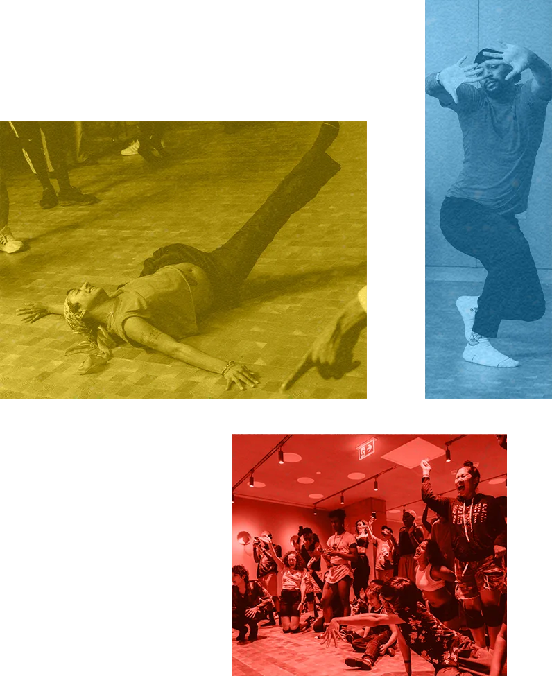 A yellow, blue and red image depicts people experiencing a voguing workshop, striking poses.