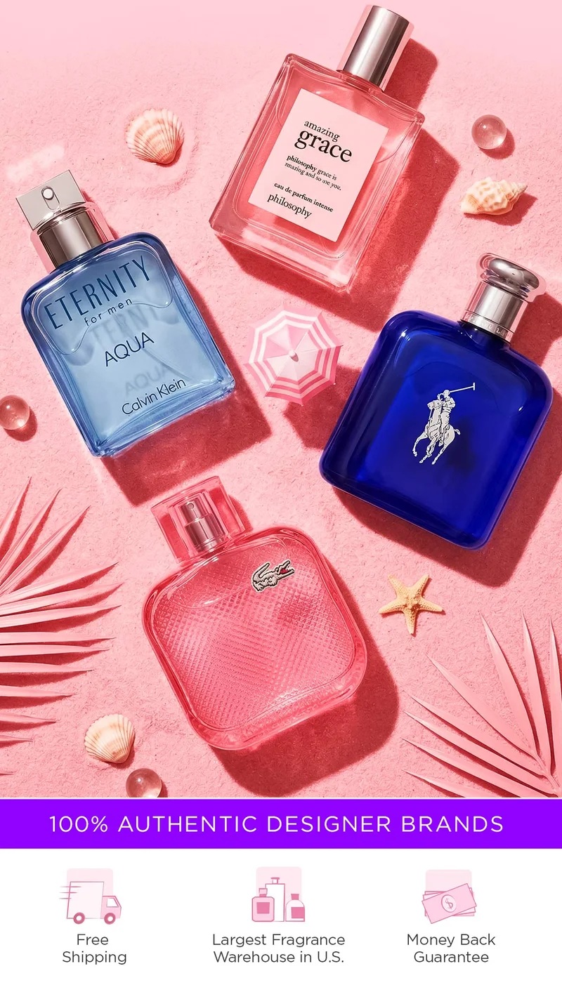 Popular fragrances sit on a bright, summery beach background