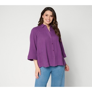 LOGO by Lori Goldstein Textured Cotton Button Front Stripe Shirt