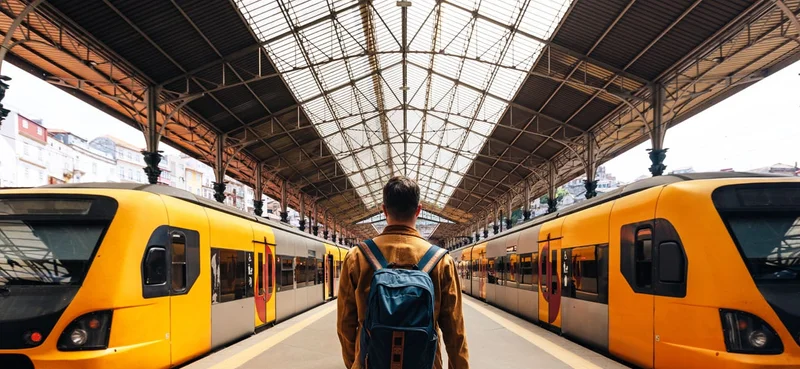 Man with a backpack walking between stopped trains at a train platform.