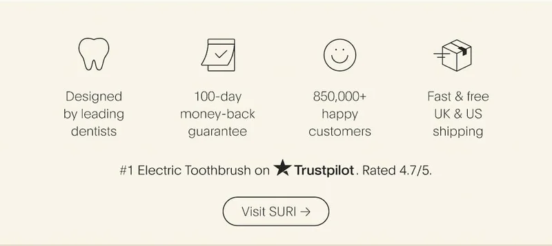 Our credentials - 500K happy customers, fast and free UK & US shipping, designed by leading dentists, and 100 day money back guarantee. Rated 4.7/5 on Trustpilot.