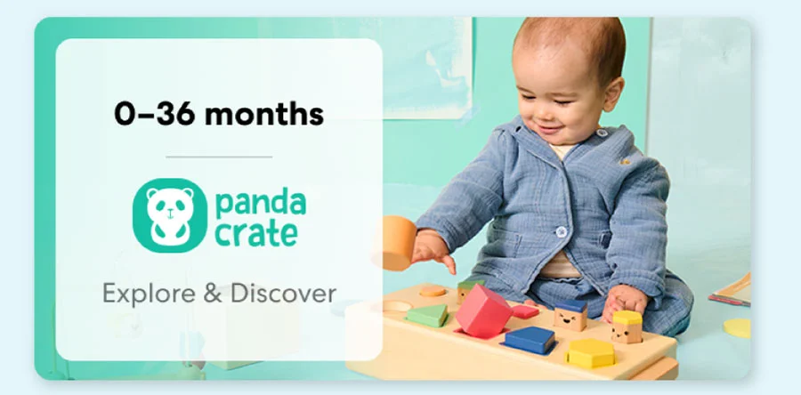 Baby playing with a KiwiCo Panda Crate toy. Designed for ages 0–36 months to explore and discover.