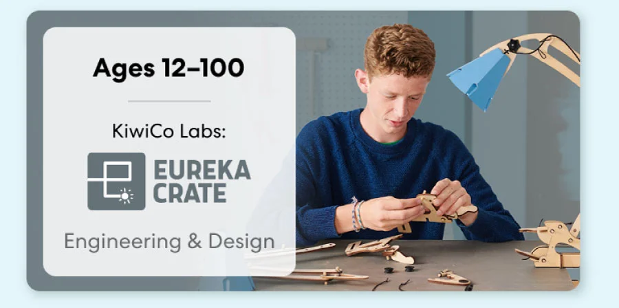 Teen creating an advanced KiwiCo project. Ideal for ages 12–16+ to spark creativity and innovation.