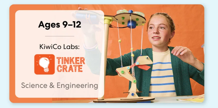Boy building an engineering project from KiwiCo Labs, suitable for ages 9–11. Perfect for exploring engineering concepts.