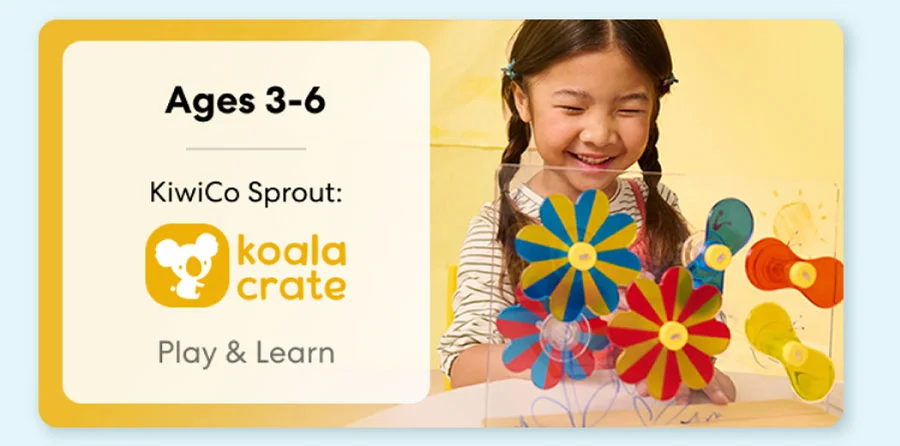Young child smiling while working on creative KiwiCo Sprout projects, perfect for ages 3–5 for play and learn.