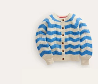 Blouson Wave Cardigan - Blue, Ivory Stripe